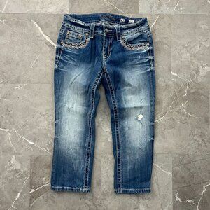 MISS ME JEANS SIGNATURE CUFFED CAPRI WOMEN 27 EMBROIDERED EMBELLISHED DISTRESSED